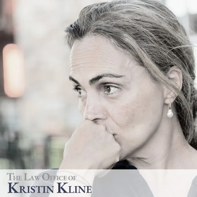 A concerned woman thinking deeply, representing the emotional aspects of family law and legal decisions. The Law Office of Kristin Kline logo is visible, indicating support and legal counsel in Texas.